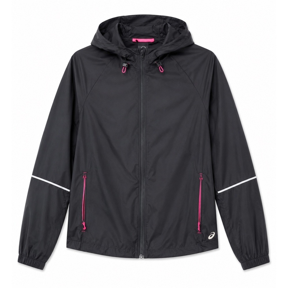 ASICS Jacket Women's Hooded Running Windbreaker Black Pink XS Full Zip NWOT